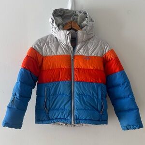 LL Bean Kids Insulated Puffer Coat Boys, Small 8, Jacket Orange Blue Hooded Zip